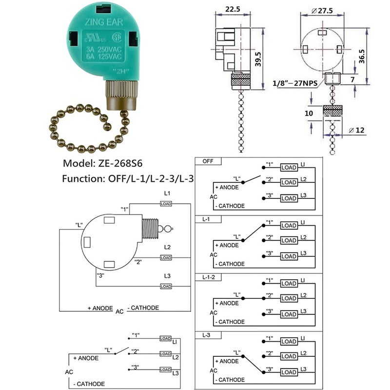 Dotlite 2Pack Ceiling Fan Pull Chain Switch 3 Speed 4 Wire UL Listed ZE-268S6 Fan Speed Control Replacement Accessories Compatible with Hunter Ceiling Fans Wall Lamps(Silver) - Image 3